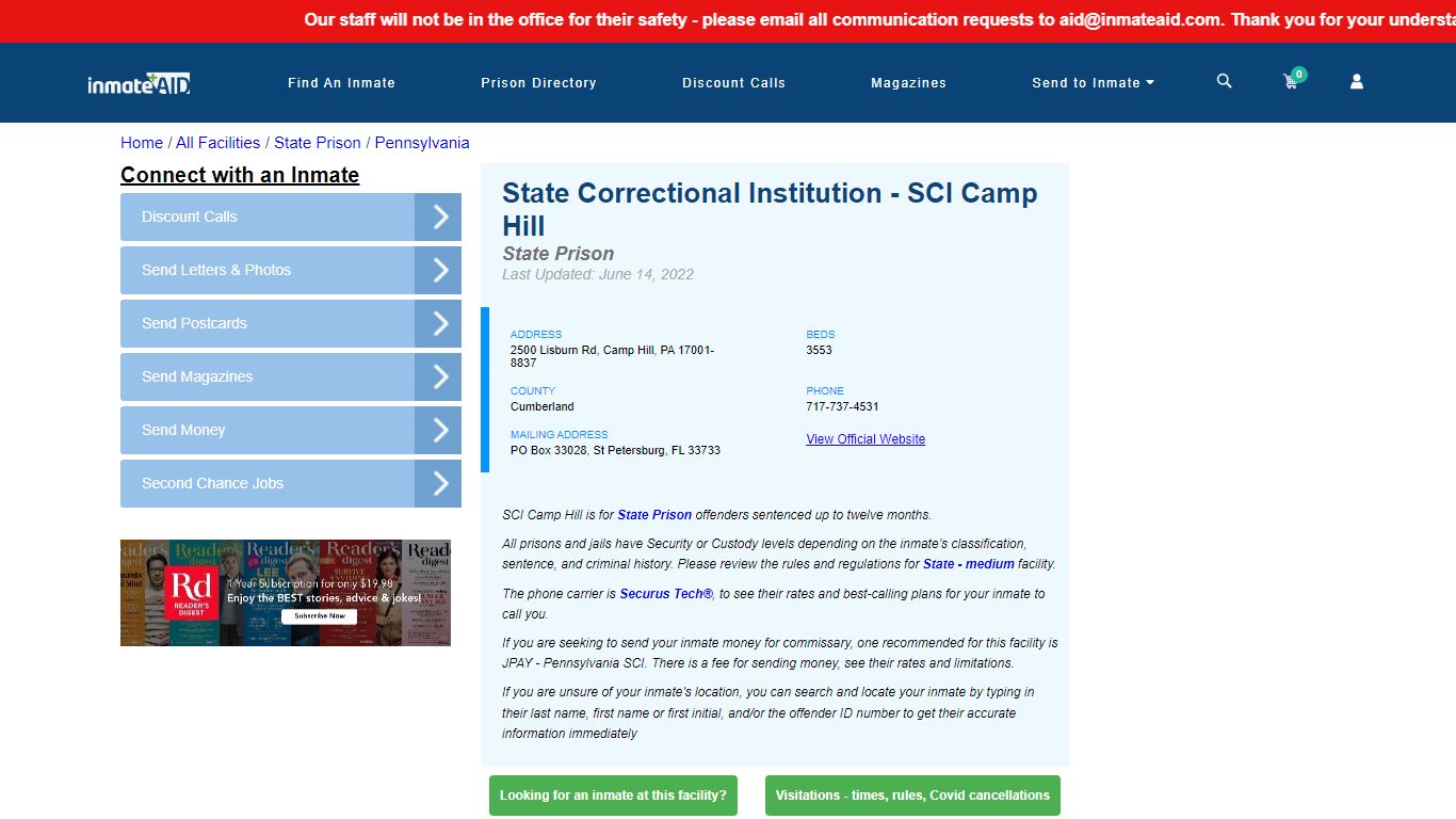 SCI Camp Hill & Inmate Search | Visitation - Camp Hill